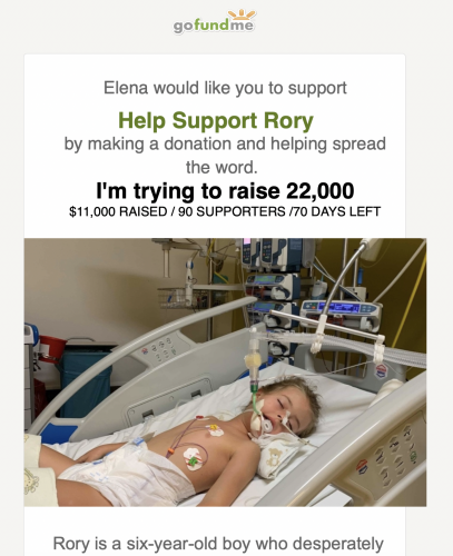 Screenshot of scam email with photo of small boy in the hospital